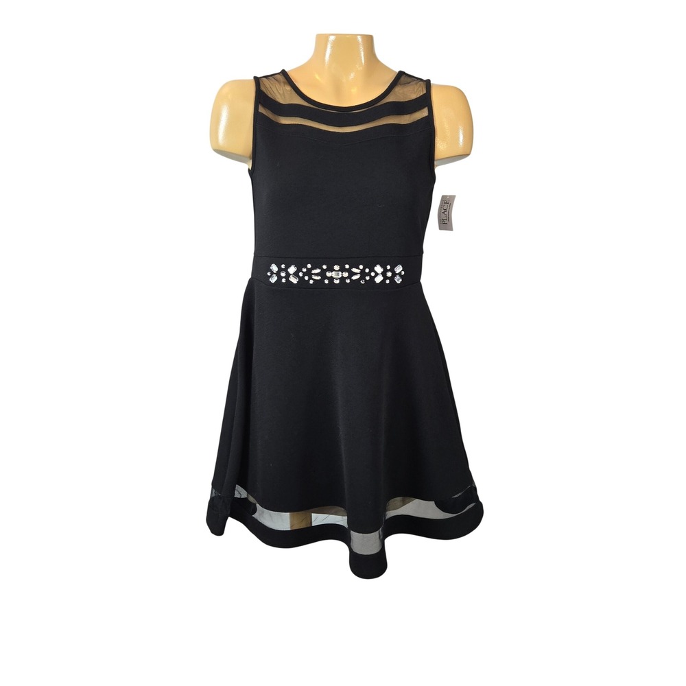 The Children's Place Kids Dress XXL 16 Black New Rhinestone Mesh Fit Flare Party